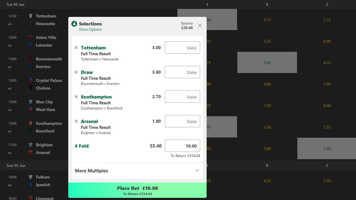 Bet365 betslip with 4 premier league game results entered and a stake of £10 entered